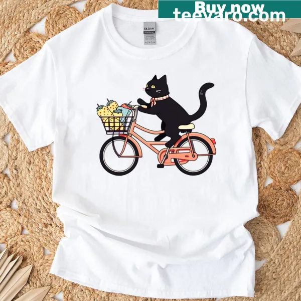 Whimsical graphic of a black cat on a bicycle