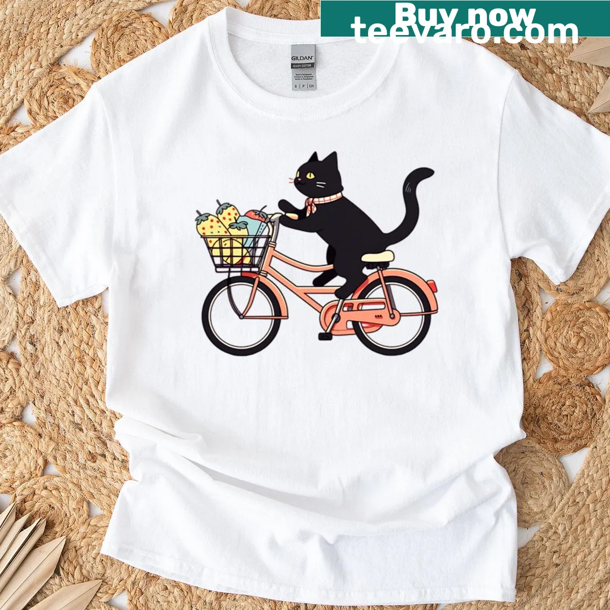 Whimsical graphic of a black cat on a bicycle — on a men's t-shirt