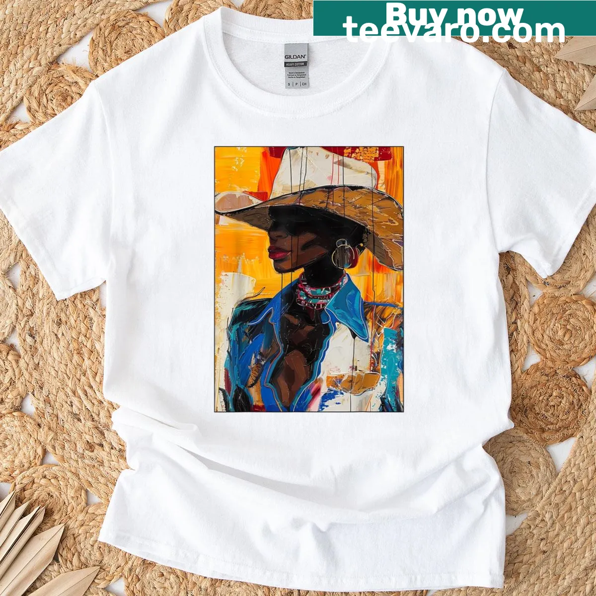 Illustrated black cowgirl painting on a T-shirt celebrating melanin and western culture — on a men's t-shirt