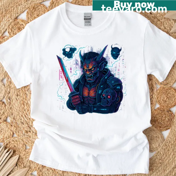 Oversized T-shirt featuring a bold neon oni graphic