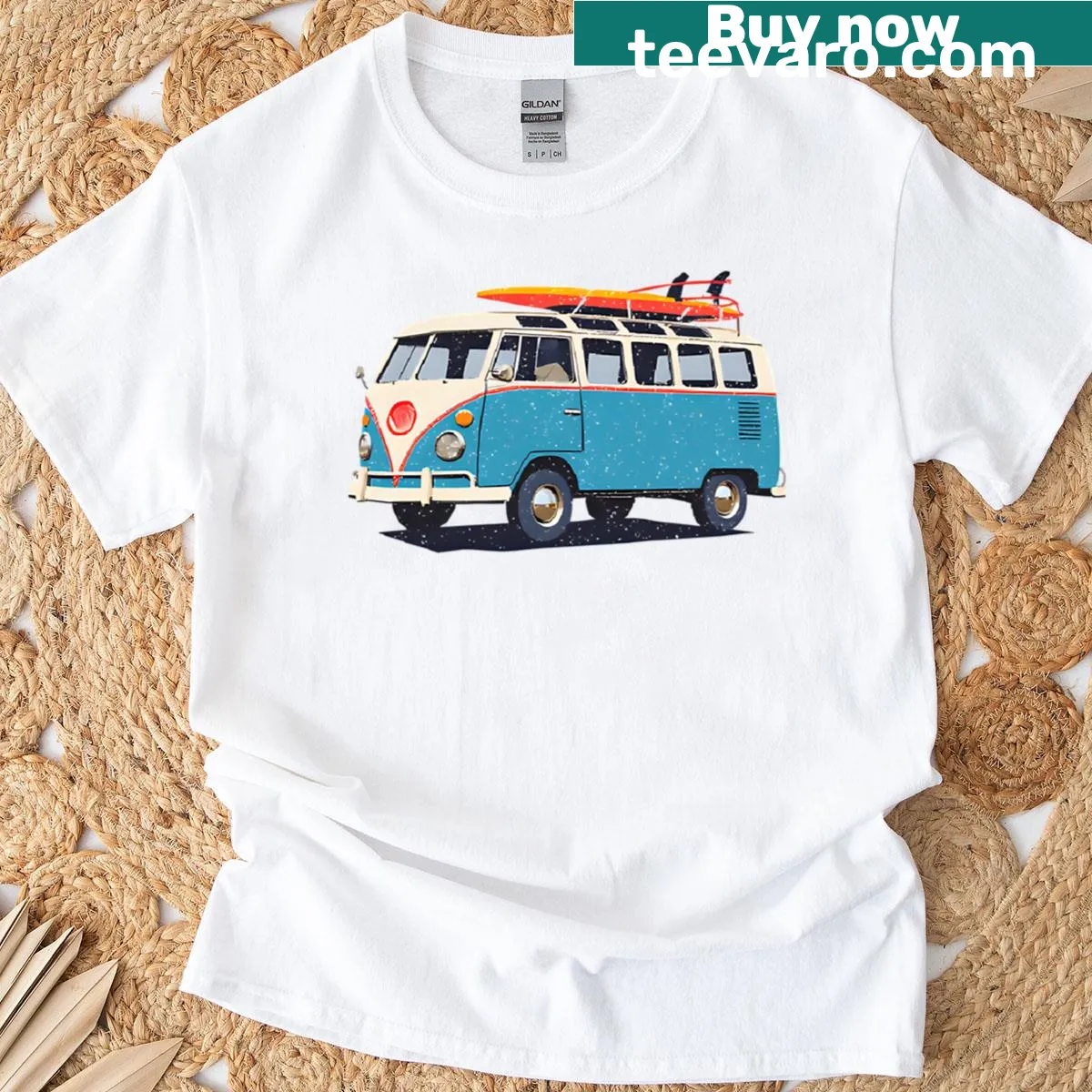 Retro surf van graphic on beach-themed T-shirt — on a men's t-shirt