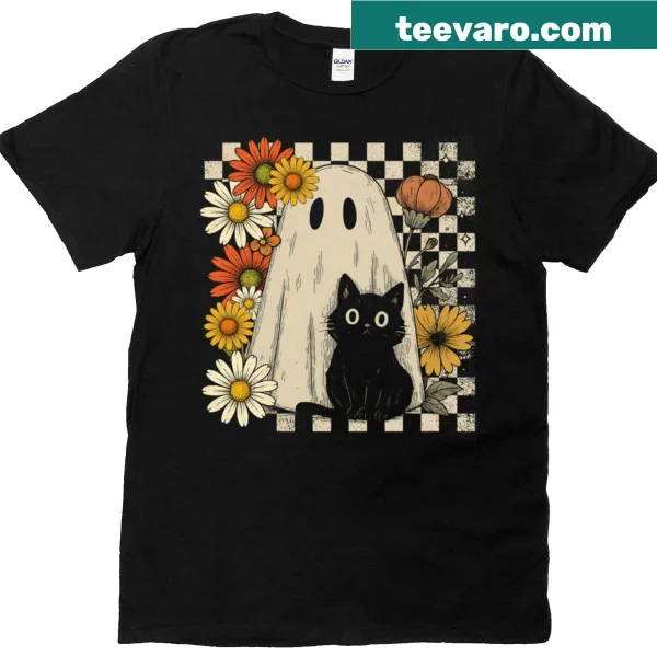 Boho Floral Fall Ghost with black cat Halloween t-shirt design