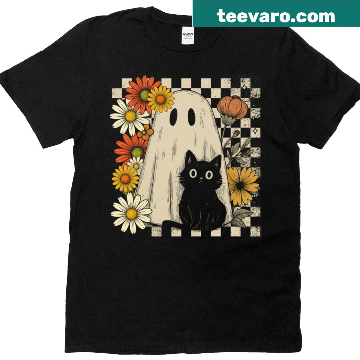 Boho Floral Fall Ghost with black cat Halloween t-shirt design — on a men's t-shirt