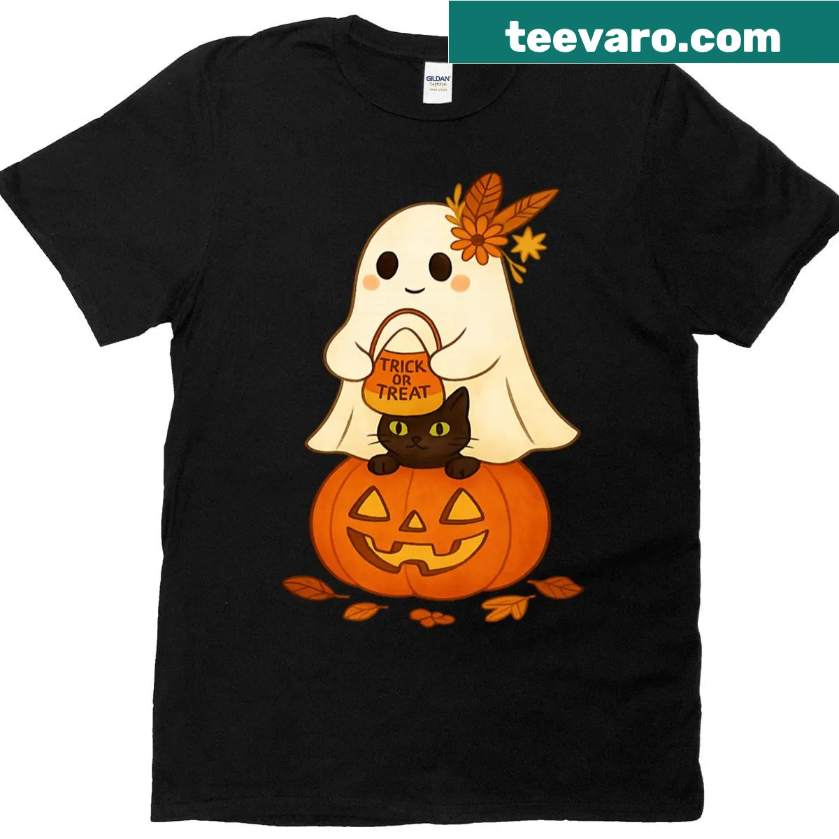 Halloween t-shirt featuring a boho ghost and a black cat on a pumpkin. — on a men's t-shirt