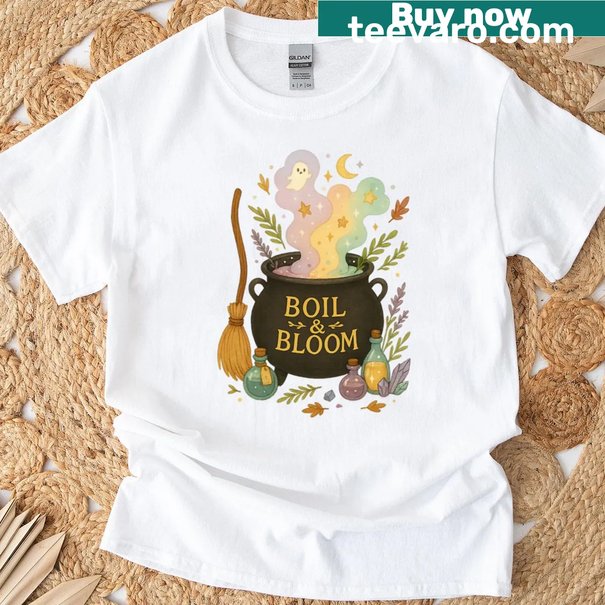 Whimsical T-shirt featuring a witch cauldron graphic — on a men's t-shirt