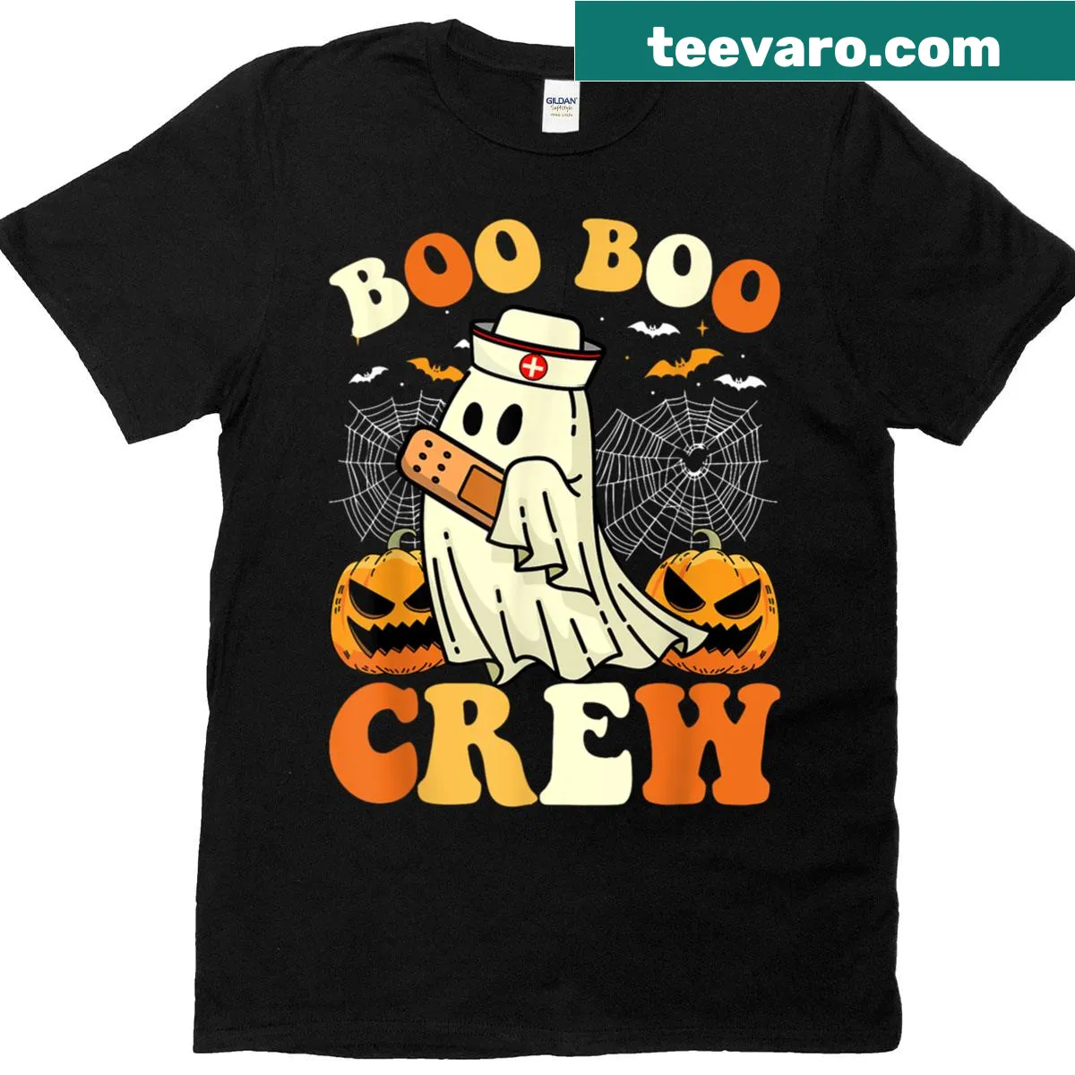 Funny Halloween nurse t-shirt with ghost design and Boo Boo Crew text — on a men's t-shirt