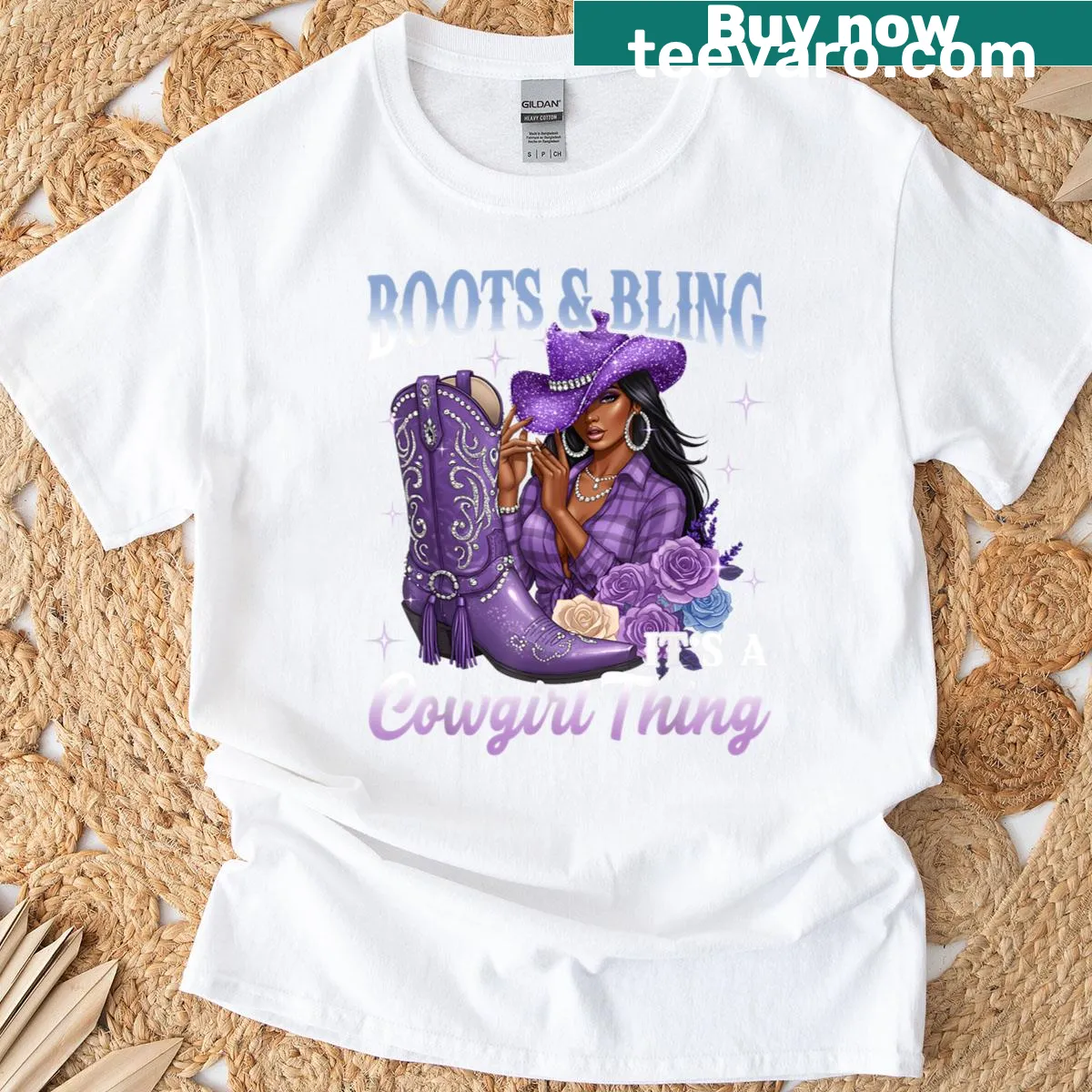 Text design 'Boots and Bling, It's a Cowgirl Thing' on T-shirt — on a men's t-shirt