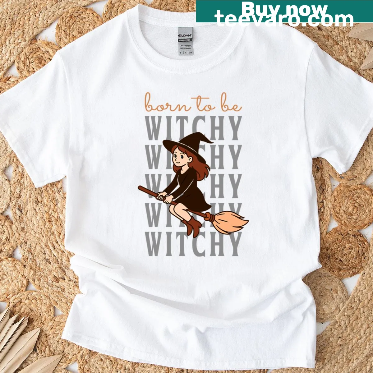 Illustration of a flying witch on a broomstick for a whimsical T-shirt. — on a men's t-shirt