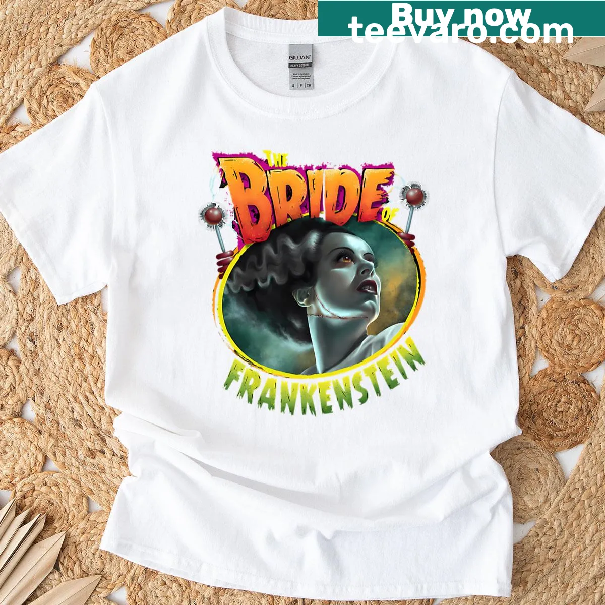 Graphic featuring the Bride of Frankenstein for Halloween — on a men's t-shirt
