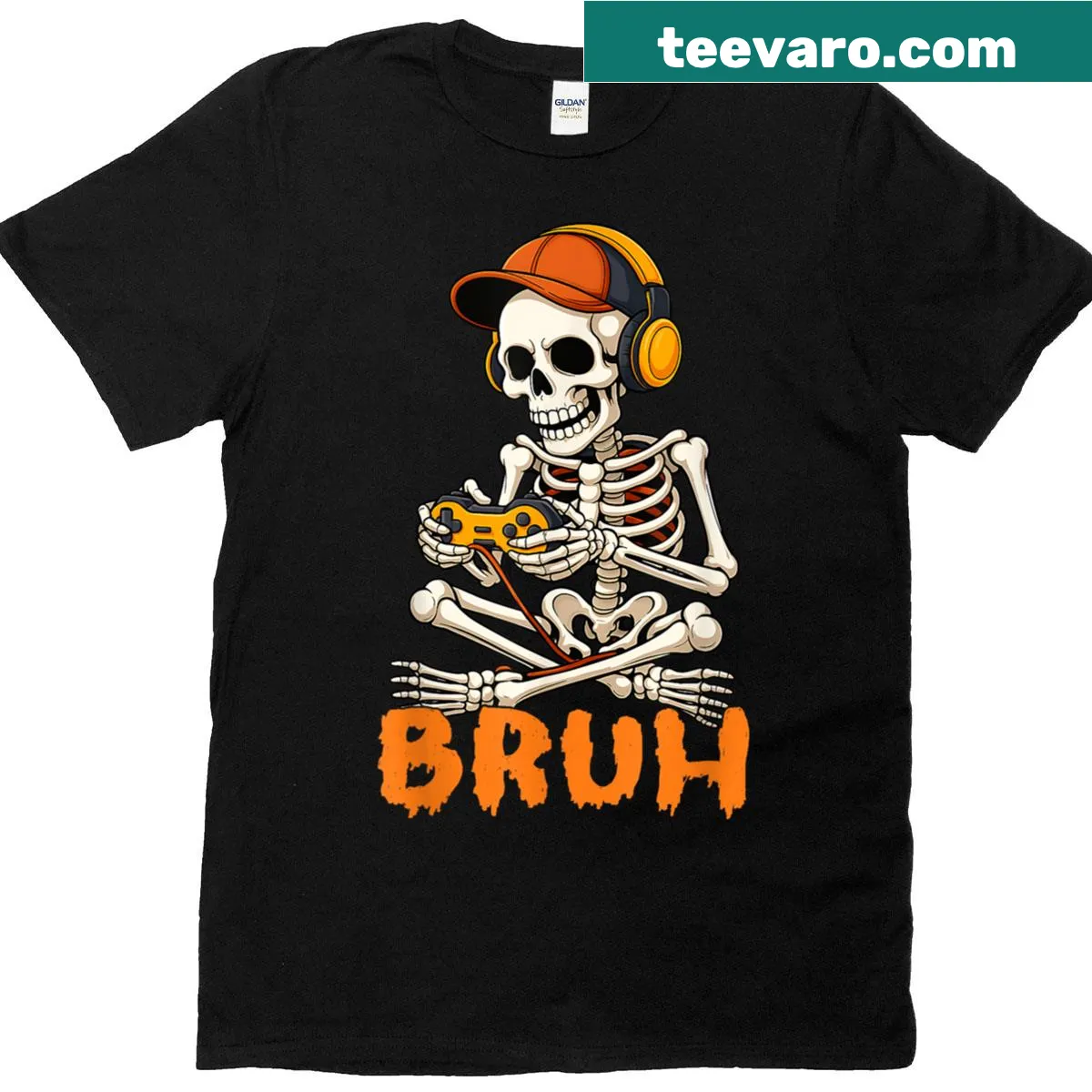 Halloween t-shirt featuring a skeleton gamer design — on a men's t-shirt