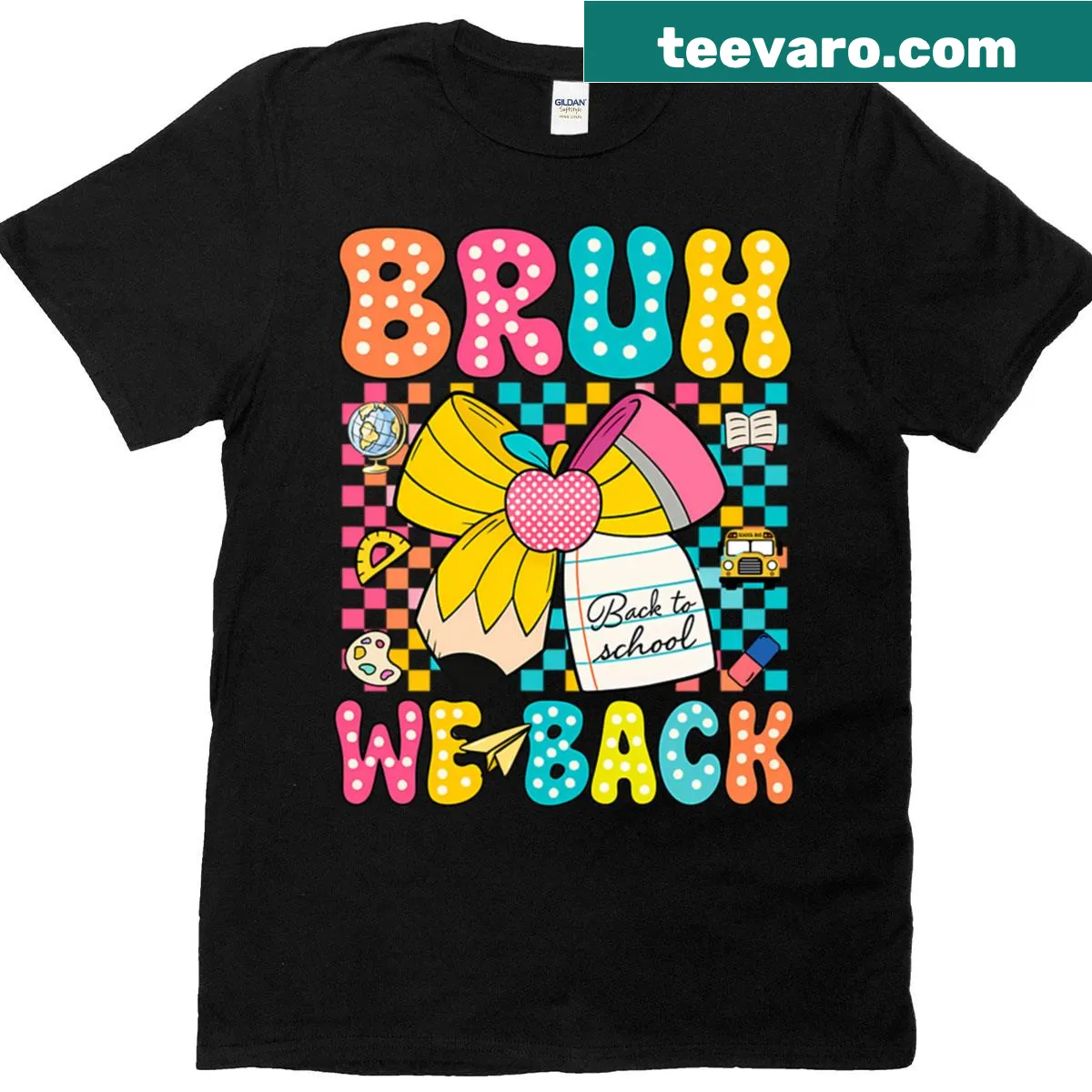 Back to school teacher t-shirt with playful pencil bow graphic — on a men's t-shirt
