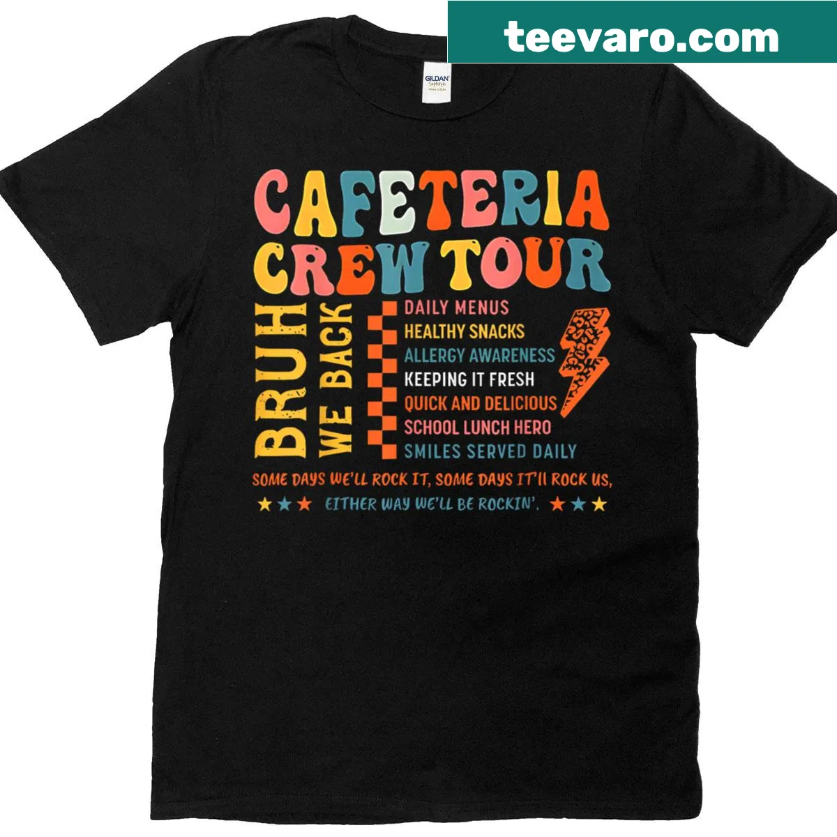 Cafeteria Crew t-shirt with bold text design — on a men's t-shirt