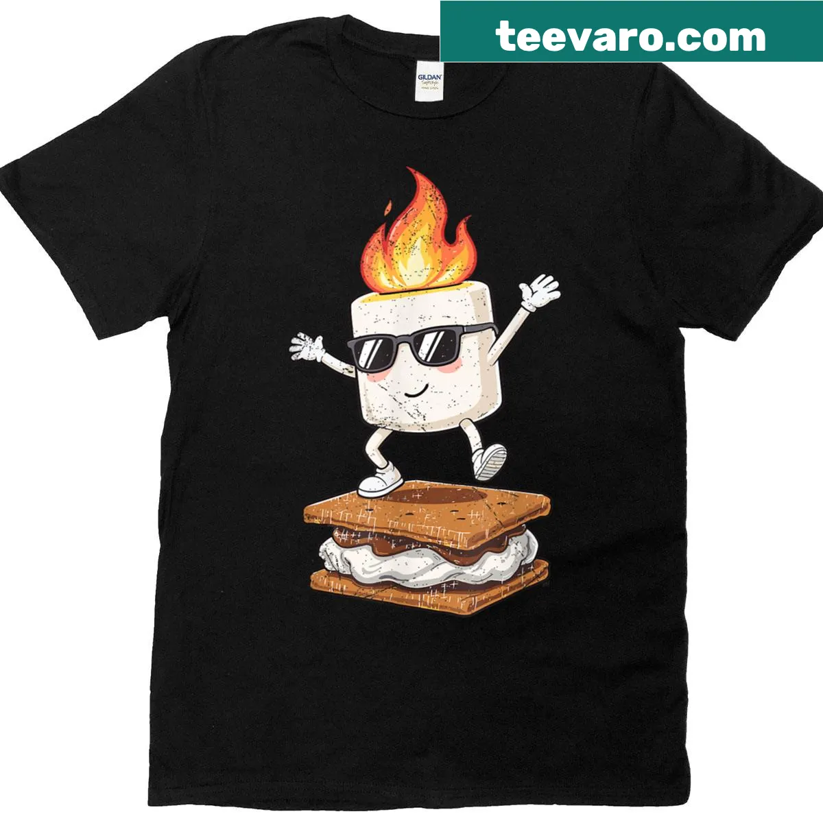 Cute camping shirt with dancing marshmallows and a camper graphic — on a men's t-shirt