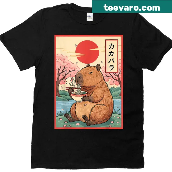 Kawaii capybara graphic with ramen on a T-shirt