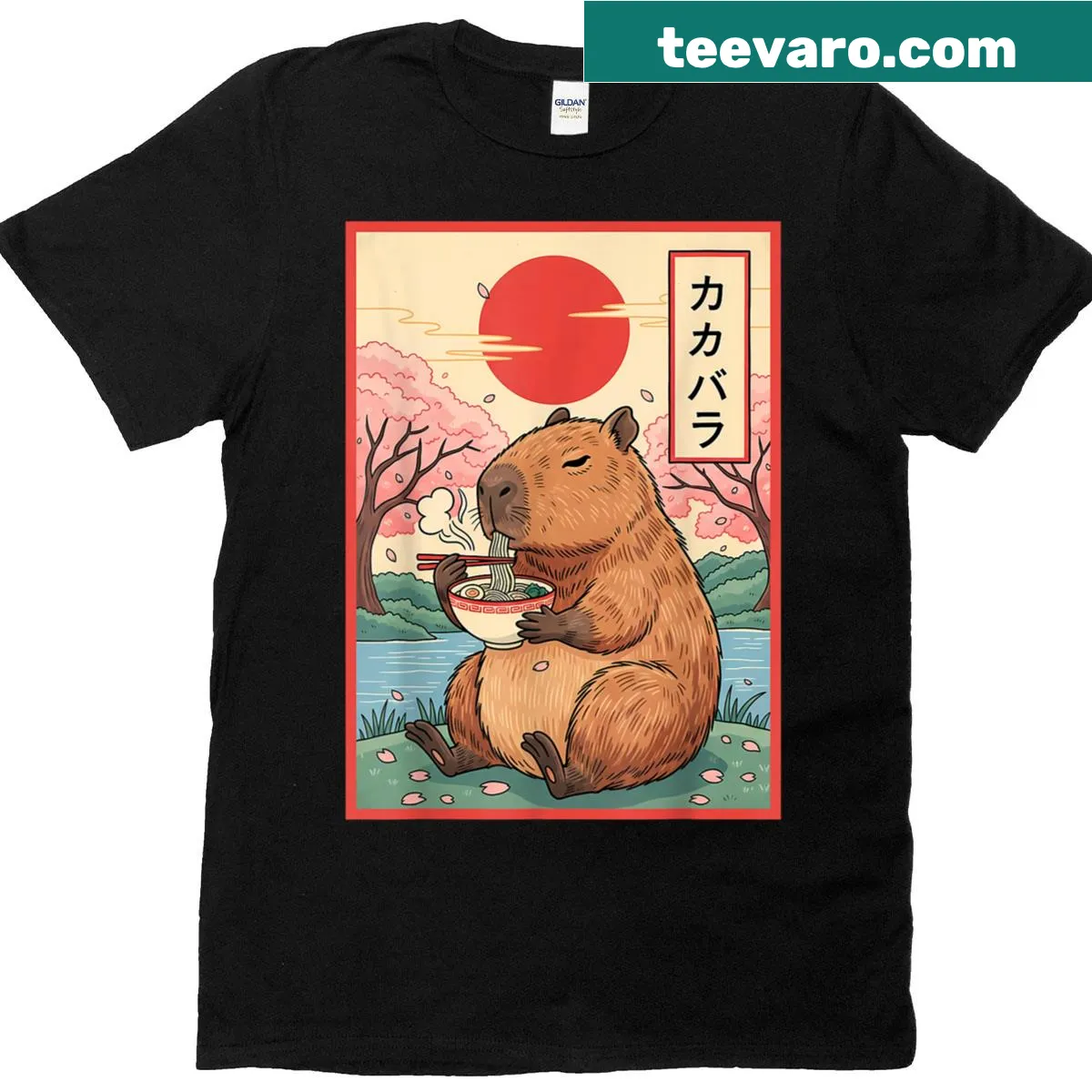 Kawaii capybara graphic with ramen on a T-shirt — on a men's t-shirt
