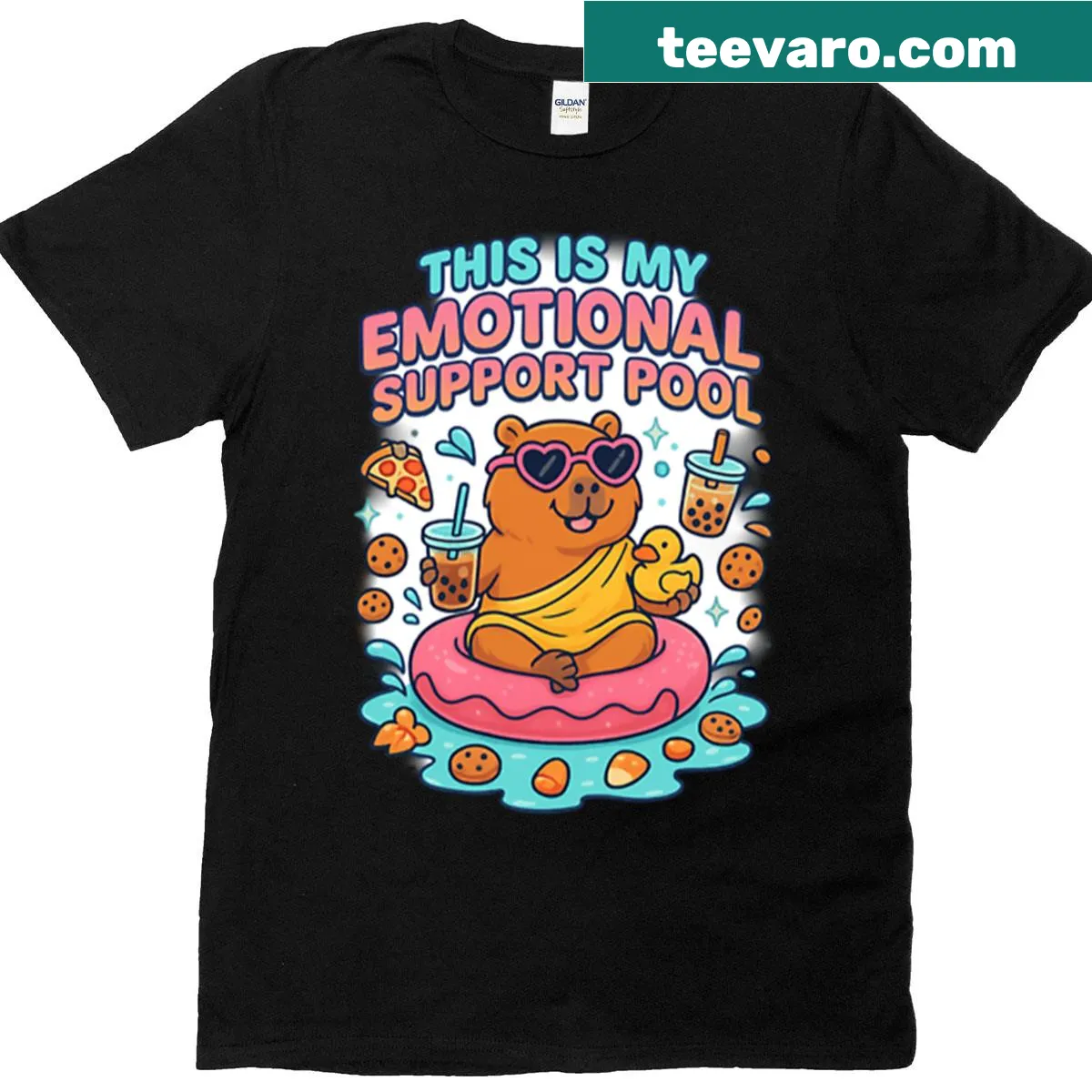 Cute capybara in floaty with iced coffee design on t-shirt — on a men's t-shirt