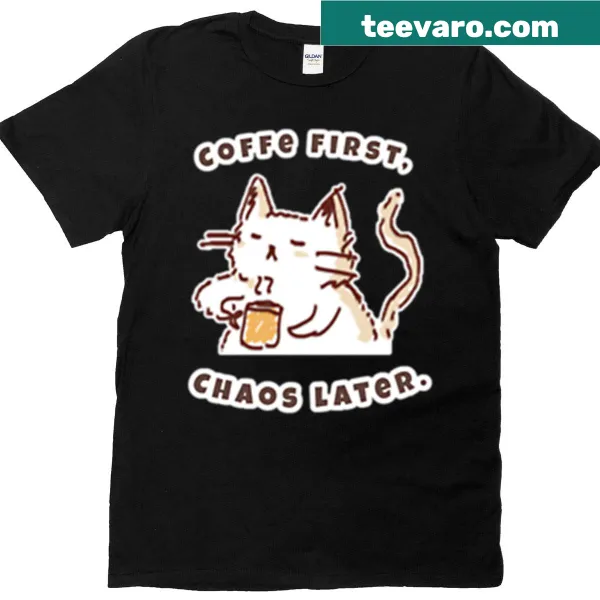 Cute T-shirt featuring a cat and coffee graphic