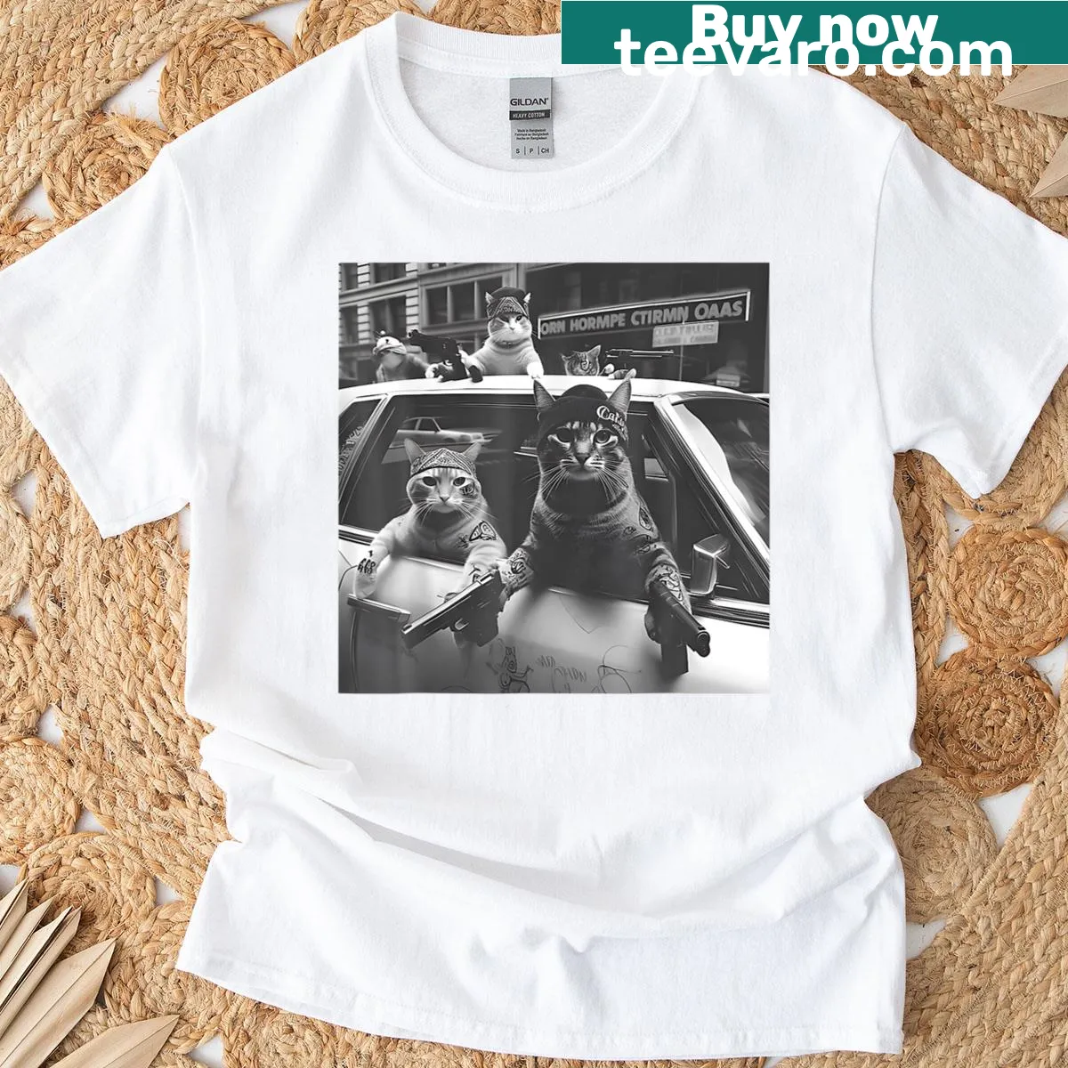 Graphic of gangster cats for a funny T-shirt — on a men's t-shirt