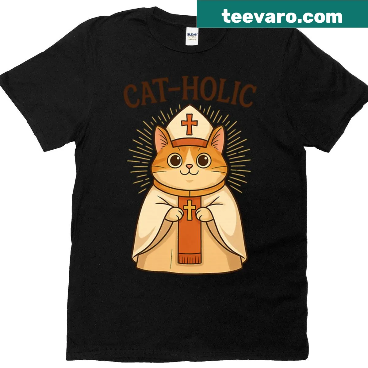 Cartoon T-shirt featuring Cat Pope design — on a men's t-shirt