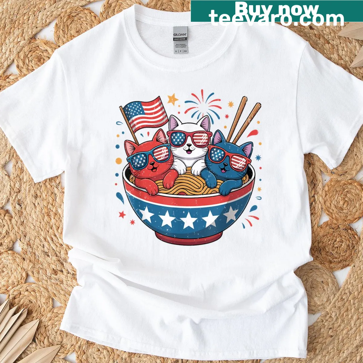 Funny graphic tee with cats, ramen, and American flag design — on a men's t-shirt