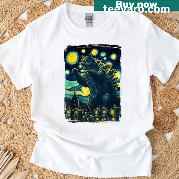 Funny kitten T-shirt in a Van Gogh-inspired illustration.