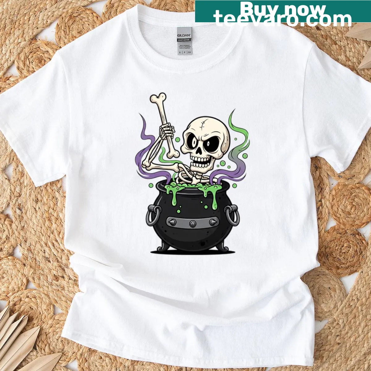Halloween T-shirt featuring a whimsical cauldron graphic — on a men's t-shirt