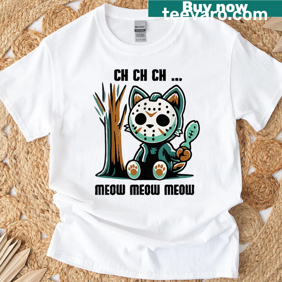 Humorous cat graphic with text 'Ch Ch Ch Meow Meow' on T-shirt — on a men's t-shirt
