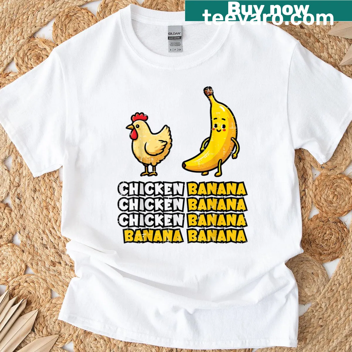 Funny T-shirt with chicken dancing with a banana meme — on a men's t-shirt