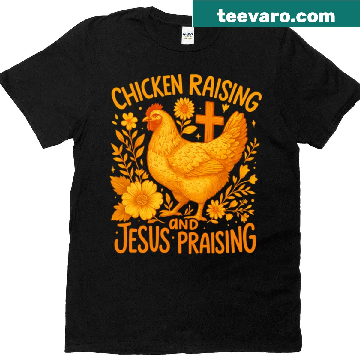 Oversized T-shirt with text about chicken raising and faith — on a men's t-shirt
