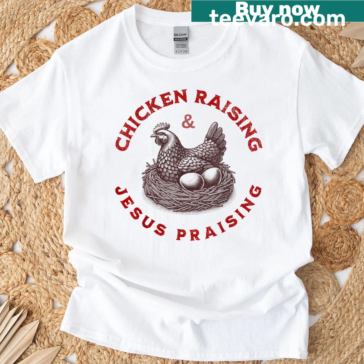 Whimsical chicken graphic raising wings in praise — on a men's t-shirt