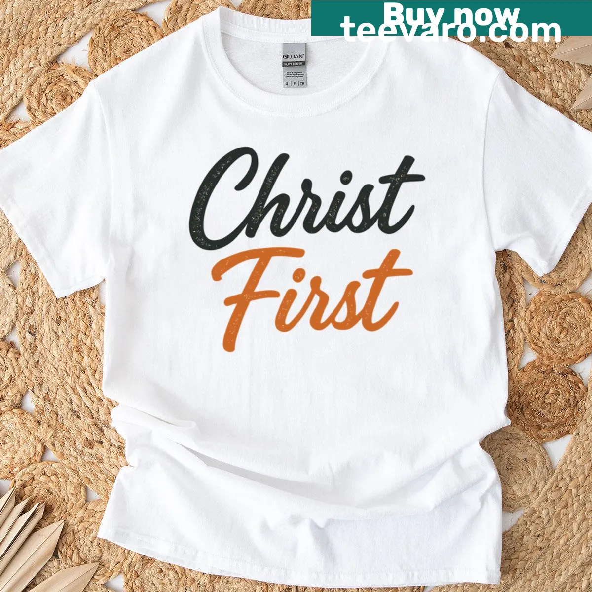 Inspirational 'Christ First' text design on oversized T-shirt — on a men's t-shirt