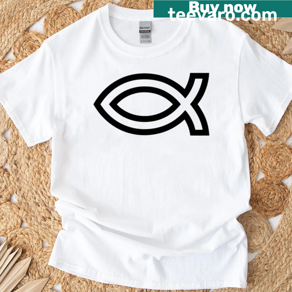 T-shirt featuring the Christian fish graphic — on a men's t-shirt