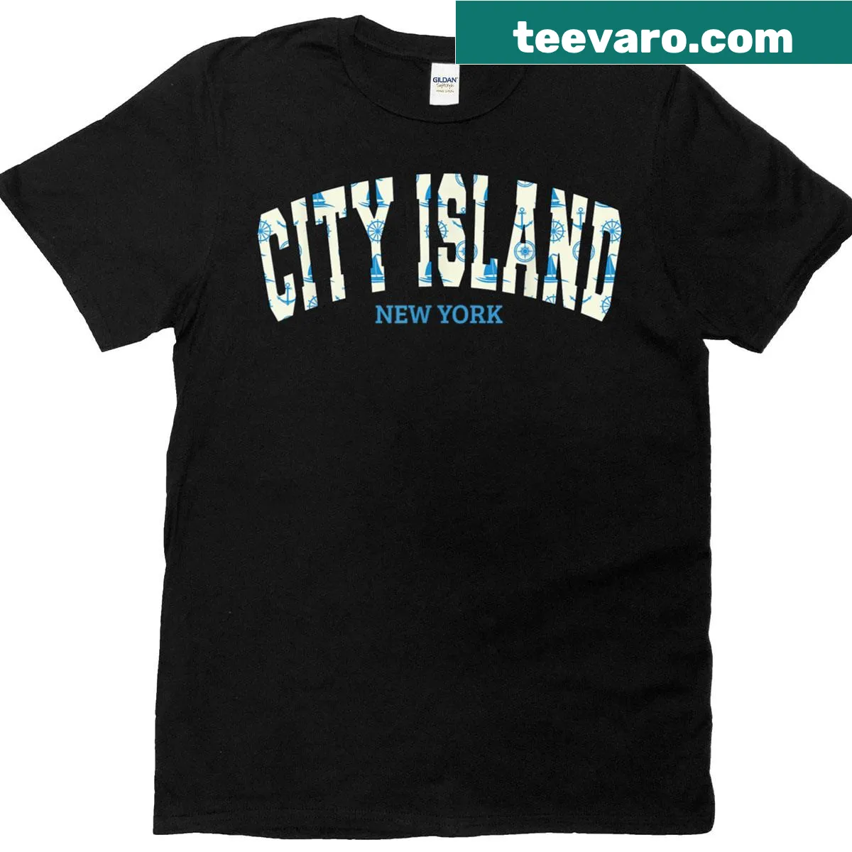 Nautical-themed tee with an anchor, sailboat, and ship wheel design — on a men's t-shirt