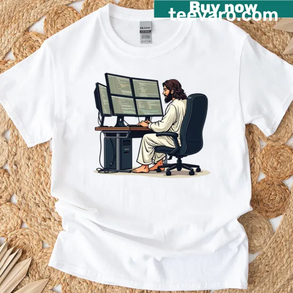 Funny Coder Jesus T-shirt for programmers with humorous typography