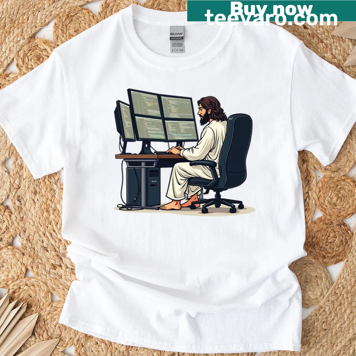 Funny Coder Jesus T-shirt for programmers with humorous typography — on a men's t-shirt