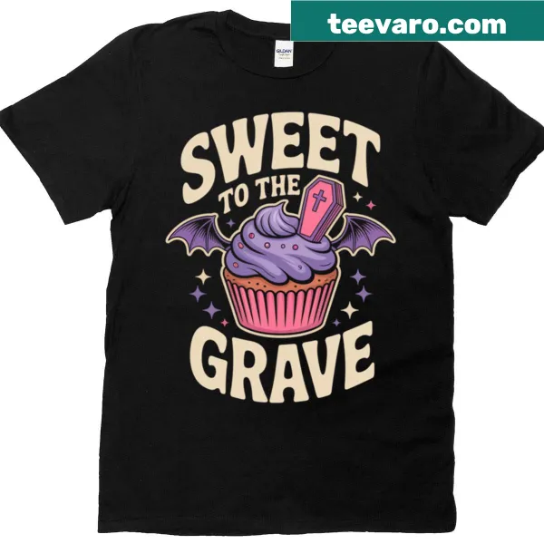 Whimsical t-shirt featuring coffin and cupcake illustration