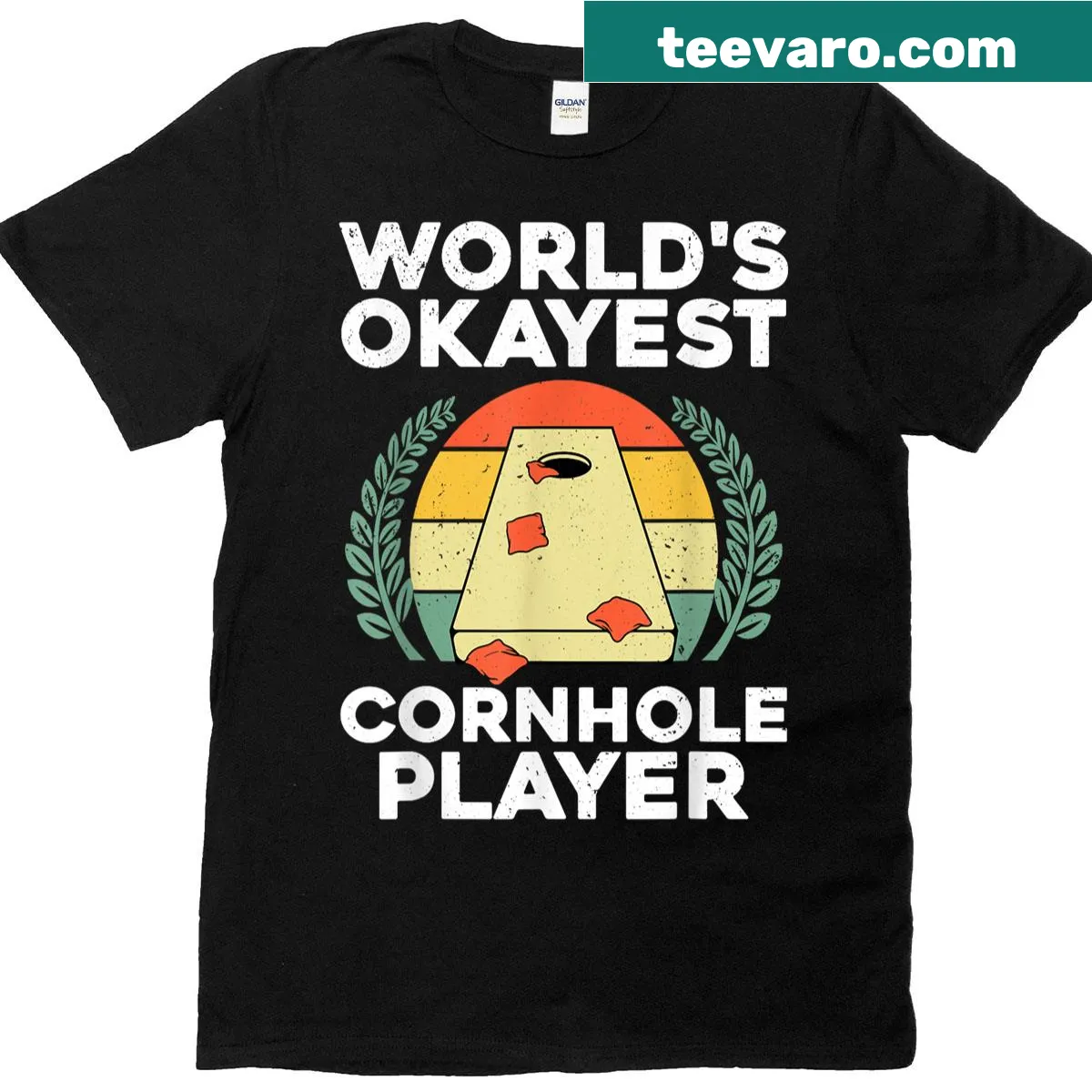 Cornhole-themed tee featuring a cornhole board and bean bag graphic — on a men's t-shirt