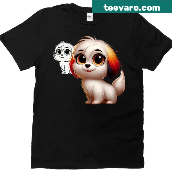 Illustrated design featuring two adorable Coton de Tulear puppies on a t-shirt