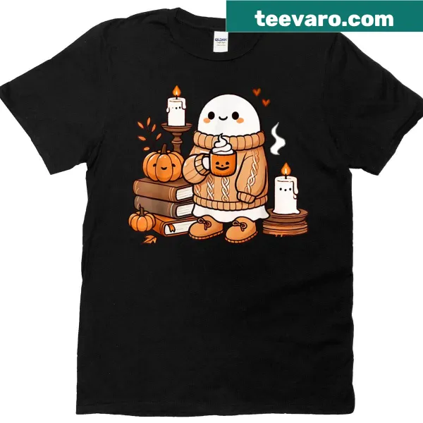 Cozy ghost with pumpkins and fall leaves graphic