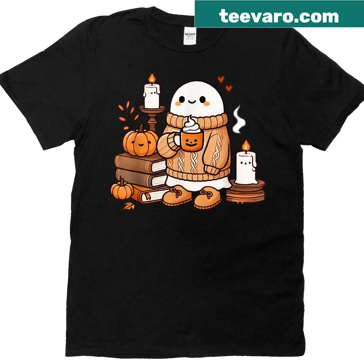 Cozy ghost with pumpkins and fall leaves graphic — on a men's t-shirt
