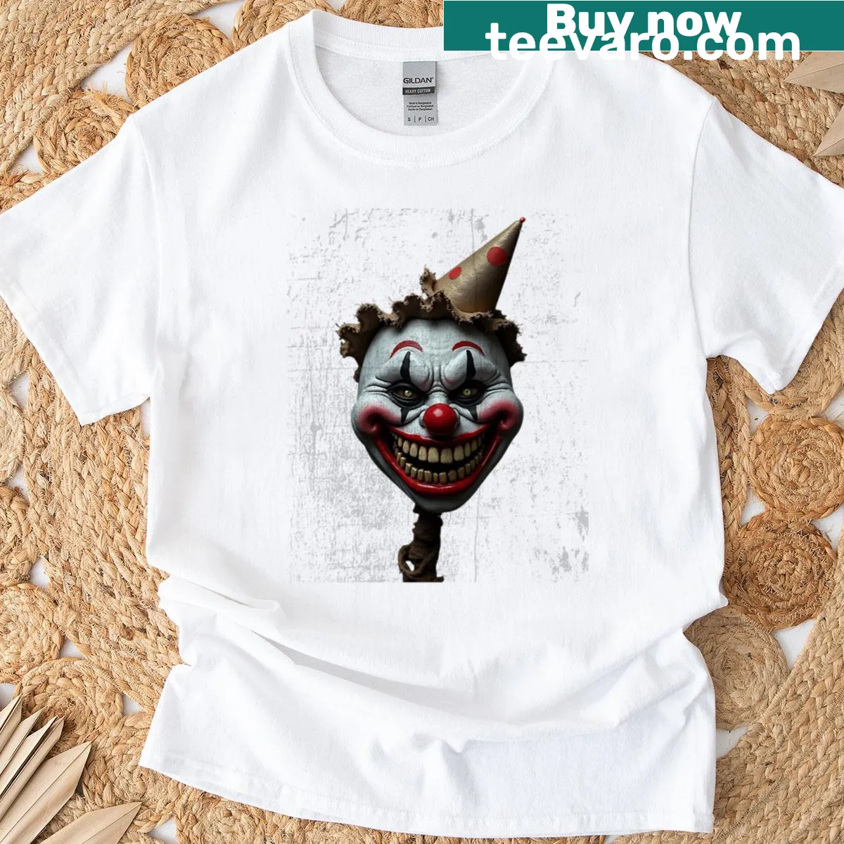 Scary clown face graphic on oversized T-shirt — on a men's t-shirt