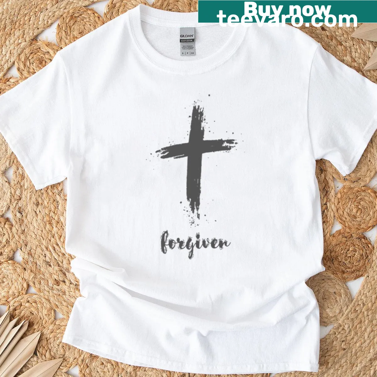 T-shirt featuring a striking cross graphic with the word 'Forgiven' — on a men's t-shirt
