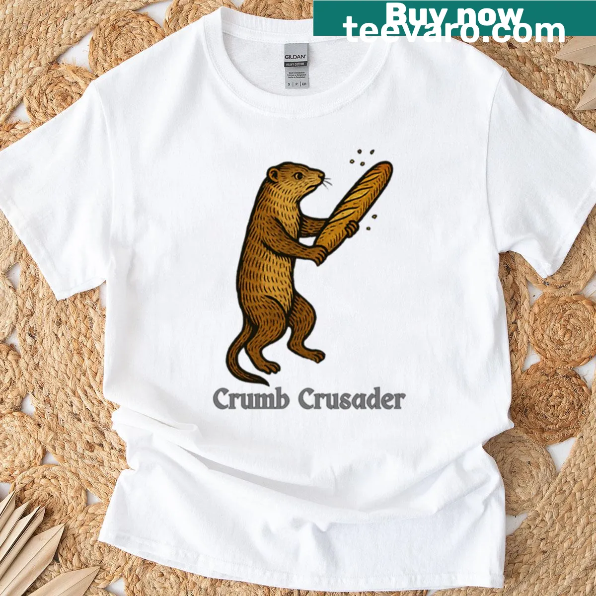 Cartoon ferret warrior with bread-themed design on oversized T-shirt. — on a men's t-shirt