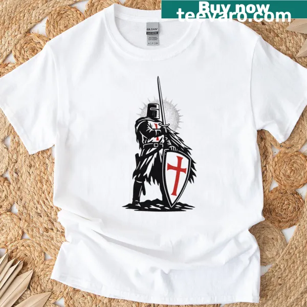 Bold Templar knight art graphic on a T-shirt.