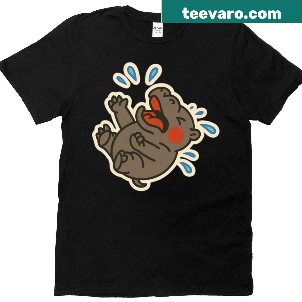 T-shirt featuring a cartoon crying hippo — on a men's t-shirt
