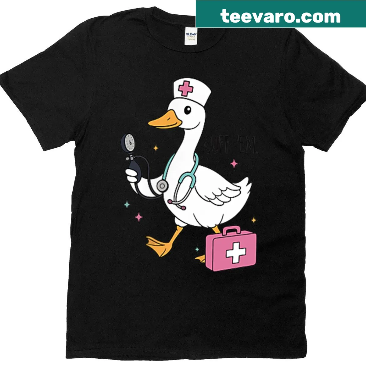Funny nurse t-shirt with the phrase Cuff Em Goose. — on a men's t-shirt
