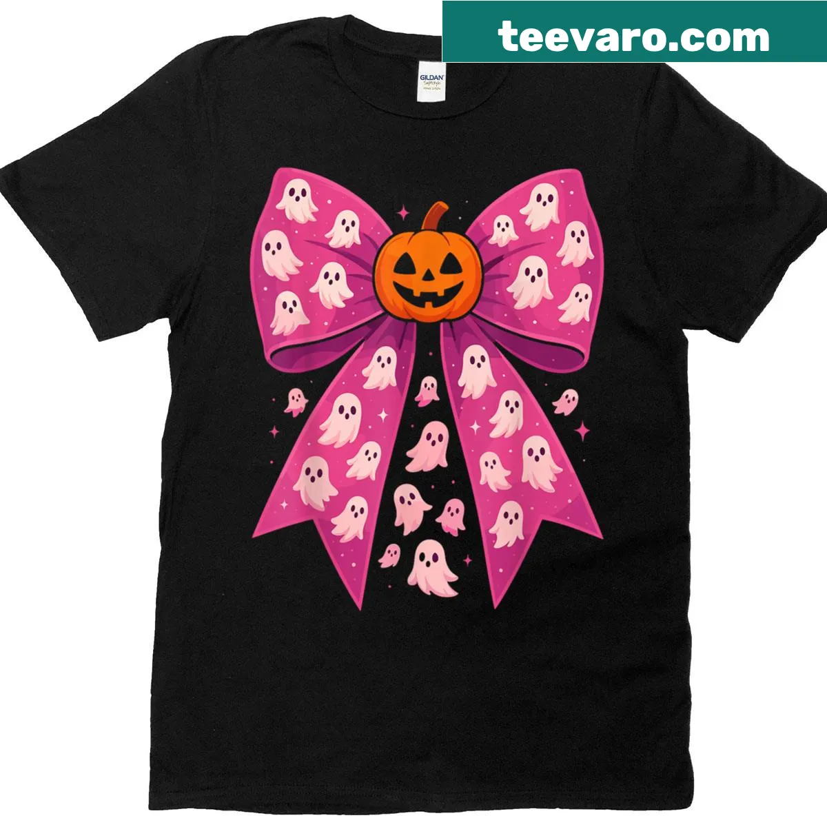 T-shirt featuring a cute ghost with a bow for Halloween — on a men's t-shirt
