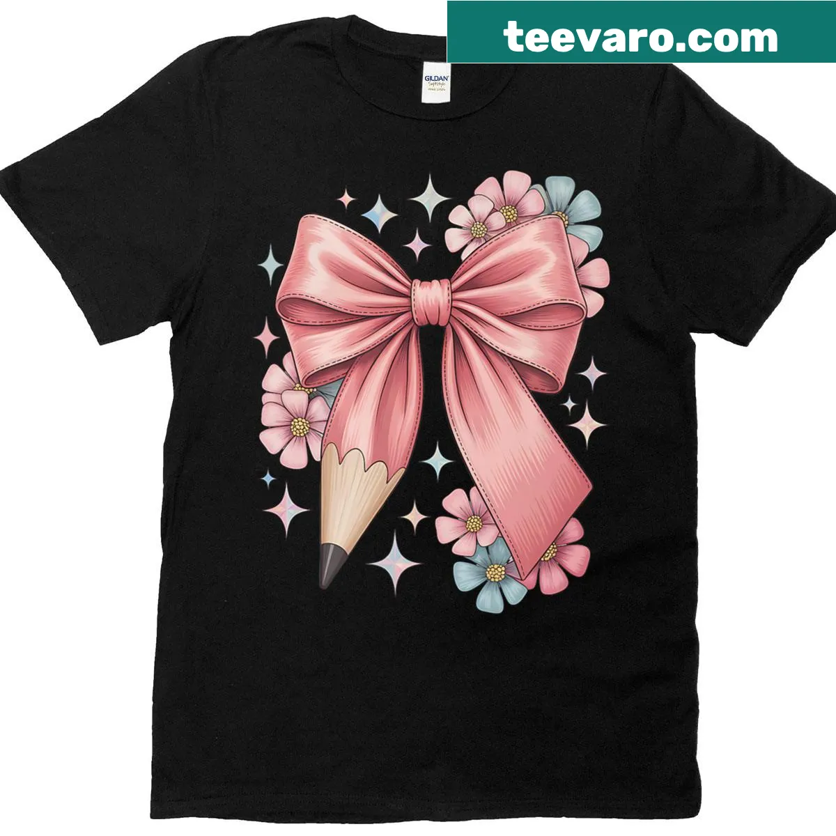 Illustrative teacher tee with bow, pencil, and floral designs — on a men's t-shirt
