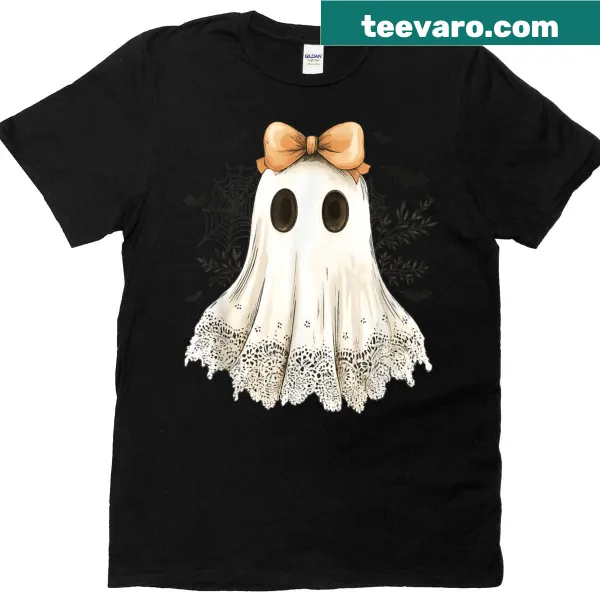 Cute Halloween ghost with a bow graphic on a T-shirt