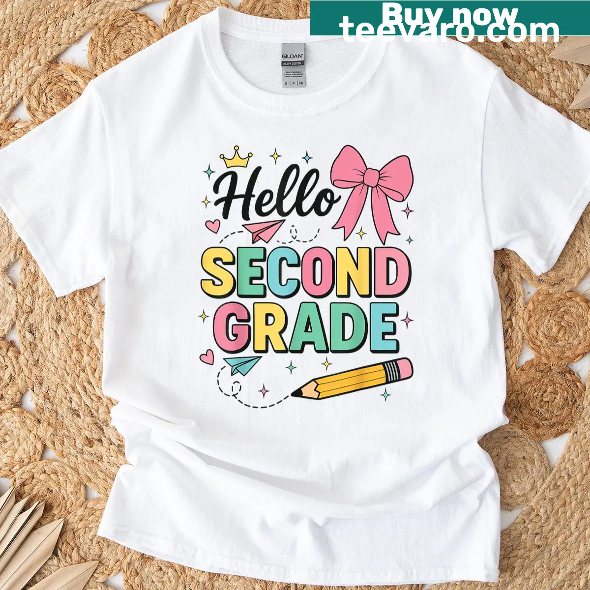 Illustrative teacher T-shirt with 'Hello Second Grade' text. — on a men's t-shirt